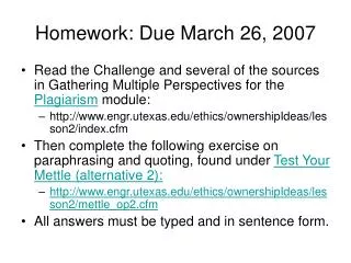 homework due march 26 2007