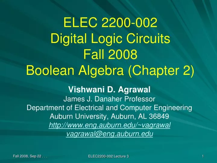 elec 2200 002 digital logic circuits fall 2008 boolean algebra chapter 2