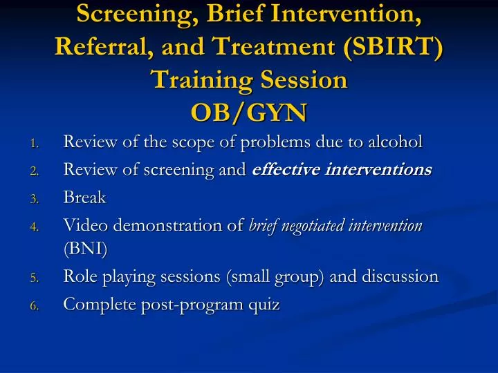 screening brief intervention referral and treatment sbirt training session ob gyn