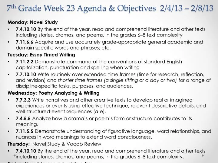 7 th grade week 23 agenda objectives 2 4 13 2 8 13