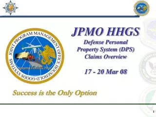 JPMO HHGS Defense Personal Property System (DPS) Claims Overview 17 - 20 Mar 08