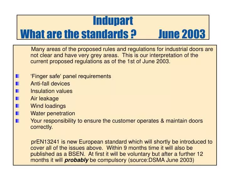 indupart what are the standards june 2003