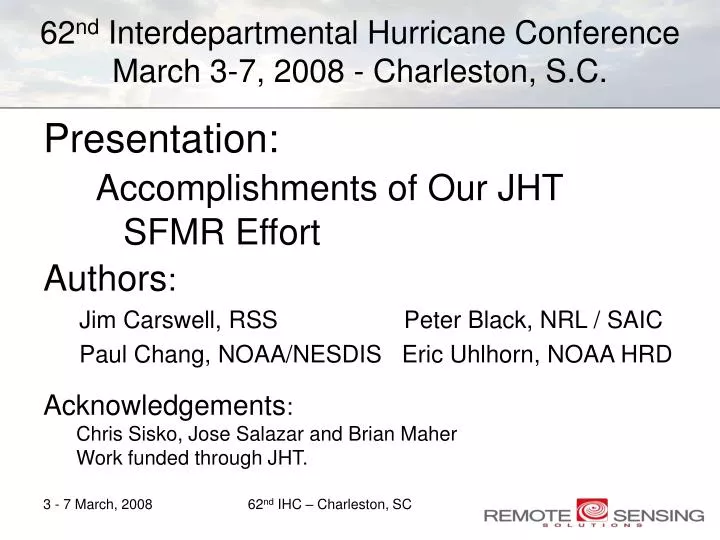 62 nd interdepartmental hurricane conference march 3 7 2008 charleston s c