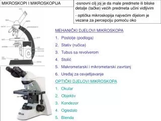 MEHANIČKI DJELOVI MIKROSKOPA Postolje (podloga) Stativ (ručica) Tubus sa revolverom Stolić