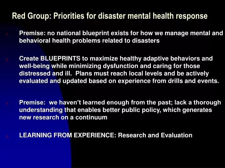 red group priorities for disaster mental health response