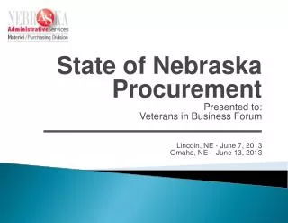 State of Nebraska Procurement Presented to: Veterans in Business Forum Lincoln, NE - June 7, 2013
