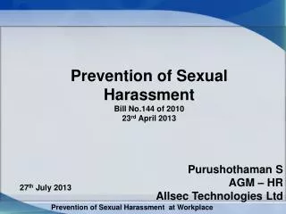 Prevention of Sexual Harassment Bill No.144 of 2010 23 rd April 2013