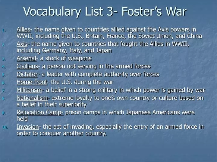 vocabulary list 3 foster s war