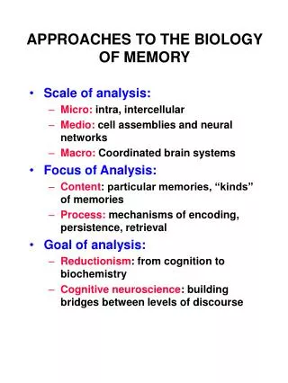 APPROACHES TO THE BIOLOGY OF MEMORY