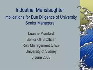 Industrial Manslaughter Implications for Due Diligence of University Senior Managers