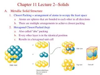 Metallic Solid Structure Closest Packing = arrangement of atoms to occupy the least space