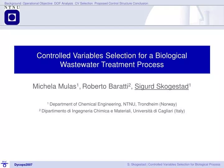controlled variables selection for a biological wastewater treatment process