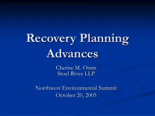 Recovery Planning Advances