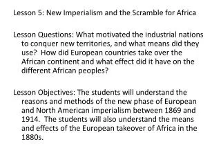 Lesson 5: New Imperialism and the Scramble for Africa