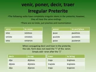 venir , poner , decir , traer Irregular Preterite