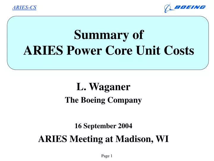 summary of aries power core unit costs