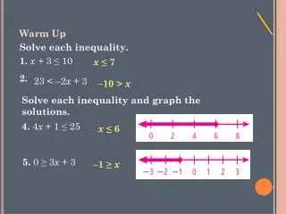 Warm Up Solve each inequality. 1. x + 3 ? 10 2.