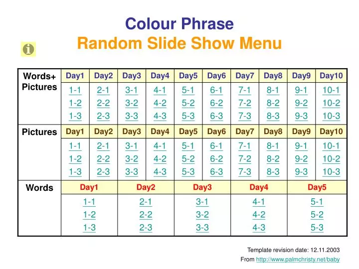 colour phrase random slide show menu