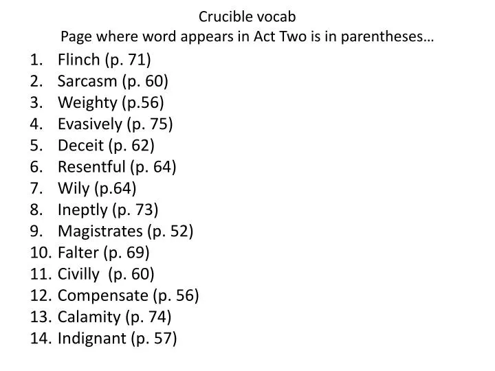 crucible vocab page where word appears in act two is in parentheses