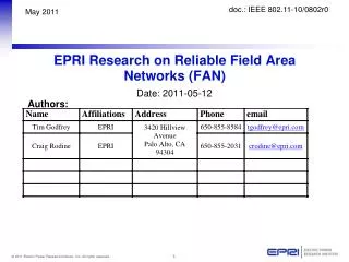 EPRI Research on Reliable Field Area Networks (FAN)