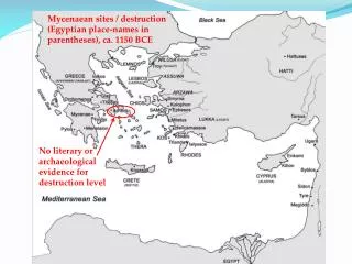 Mycenaean sites / destruction (Egyptian place-names in parentheses), ca. 1150 BCE