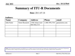 Summary of ITU-R Documents
