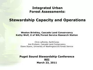 Integrated Urban Forest Assessments: Stewardship Capacity and Operations