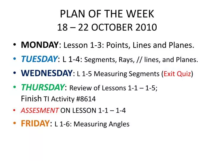 plan of the week 18 22 october 2010