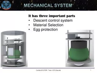 It has three important parts Descent control system Material Selection Egg protection
