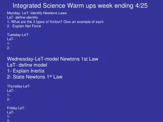 Integrated Science Warm ups week ending 4/25