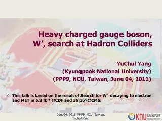 Heavy charged gauge boson, W’, search at Hadron Colliders