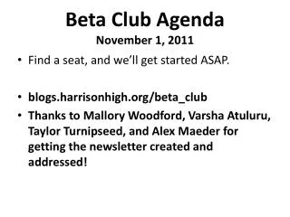 Beta Club Agenda November 1, 2011