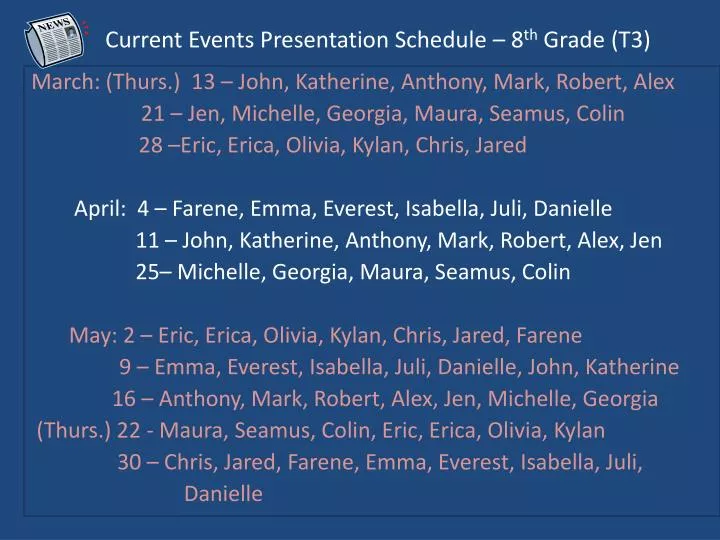 current events presentation schedule 8 th grade t3