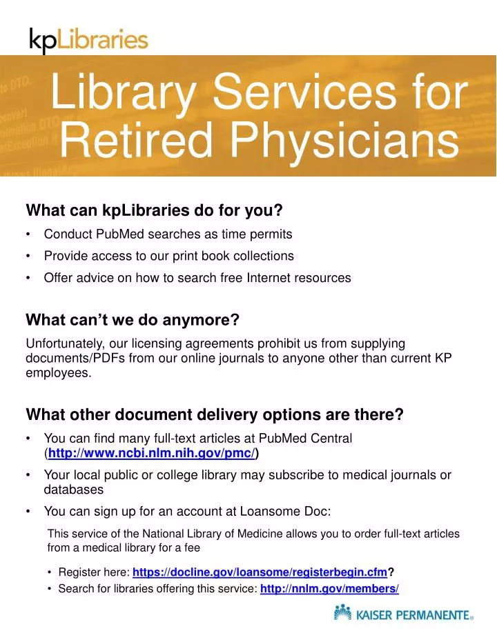 library services for retired physicians