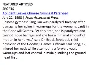 FEATURED ARTICLES SPORTS Accident Leaves Chinese Gymnast Paralyzed