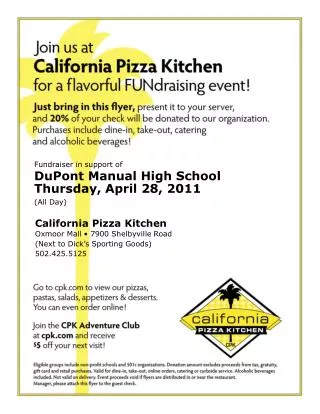 Fundraiser in support of DuPont Manual High School Thursday, April 28, 2011 (All Day)