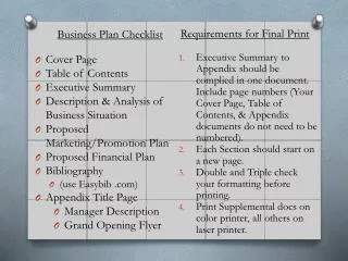 Business Plan Checklist Cover Page Table of Contents Executive Summary