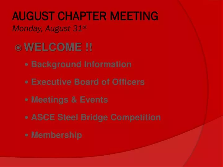 august chapter meeting monday august 31 st