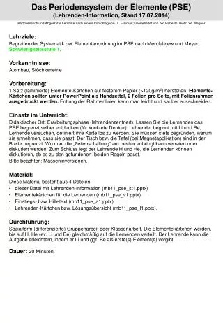 das periodensystem der elemente pse lehrenden information stand 09 07 2013