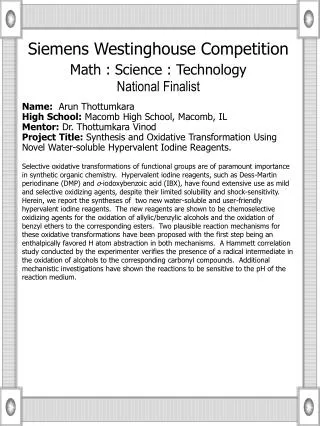 Siemens Westinghouse Competition Math : Science : Technology National Finalist