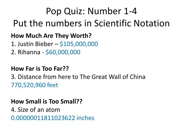 pop quiz number 1 4 put the numbers in scientific notation