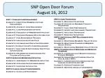 SNP Open Door Forum August 16, 2012