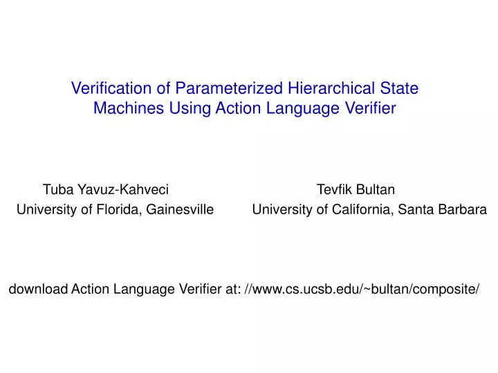 verification of parameterized hierarchical state machines using action language verifier