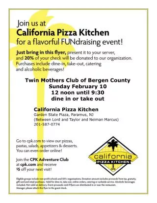 Twin Mothers Club of Bergen County Sunday February 10 12 noon until 9:30 dine in or take out