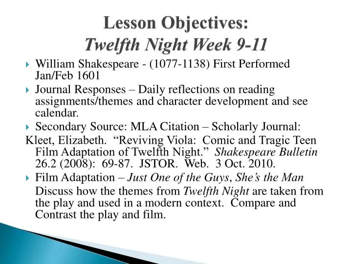 lesson objectives twelfth night week 9 11