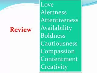 Love Alertness Attentiveness Availability Boldness Cautiousness Compassion Contentment Creativity