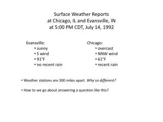Surface Weather Reports at Chicago, IL and Evansville, IN at 5:00 PM CDT, July 14, 1992