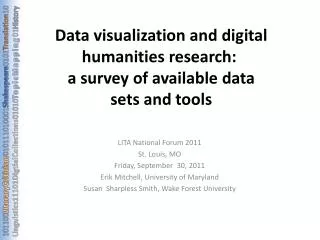 Data visualization and digital humanities research:  a survey of available data sets and tools