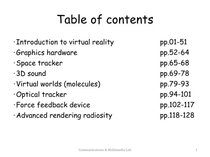 table of contents