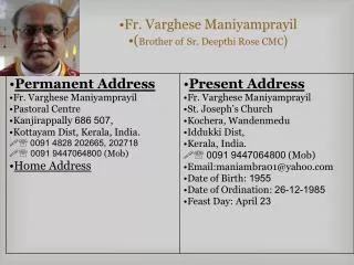 Fr. Varghese Maniyamprayil
( Brother of Sr. Deepthi Rose CMC )
